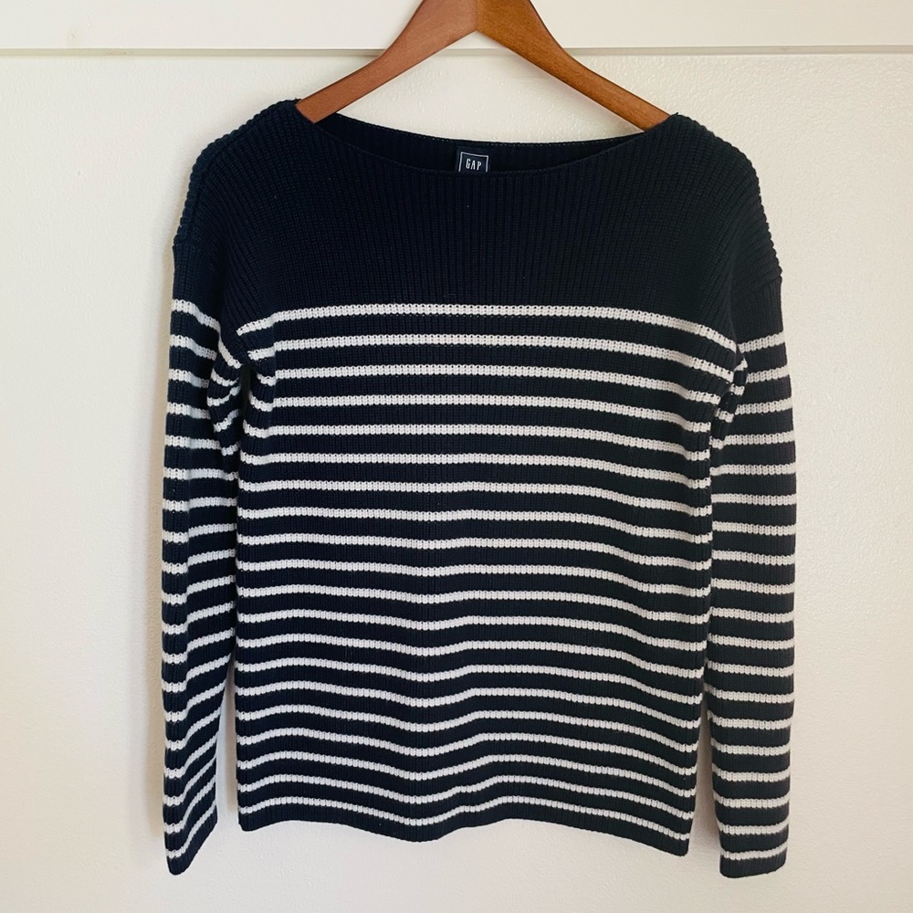 GAP S Navy Blue White Striped Merino Wool Blend Coastal Grandma Knit Sweater